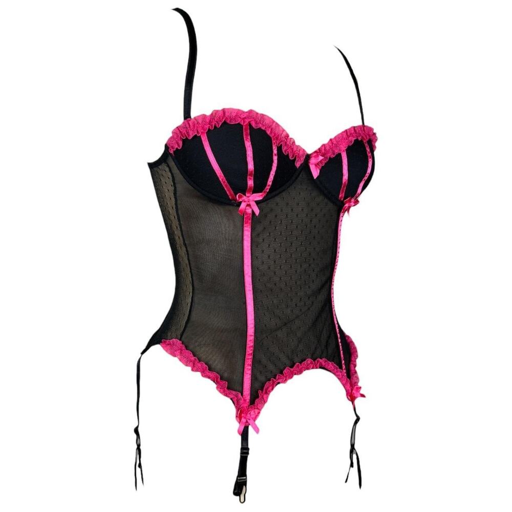 Y2K Victoria’s Secret black & hot pink mesh garter bustier size S, coquette